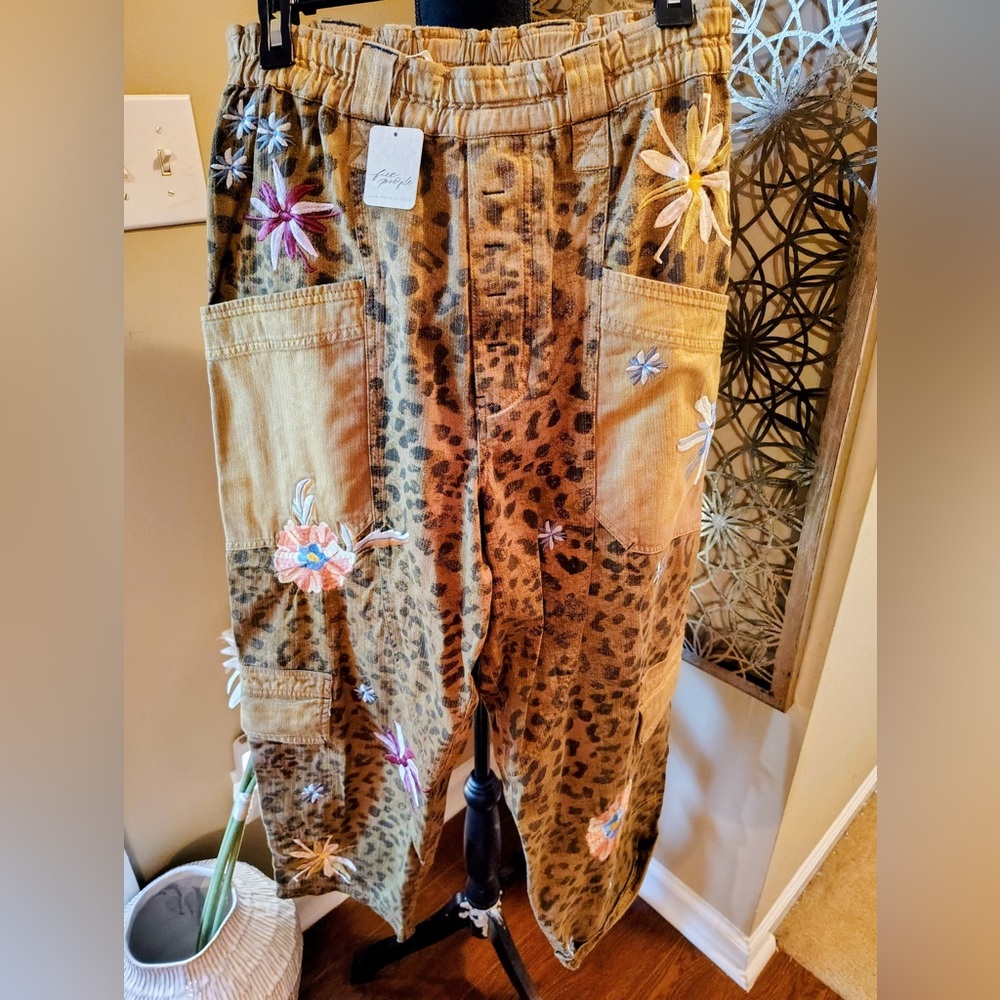 Free People Tan Leopard Print Pants with Pink Floral Embroidery